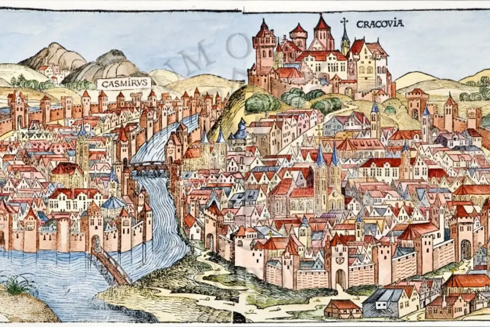 Rycina, przedstawiająca stary plan Krakowa